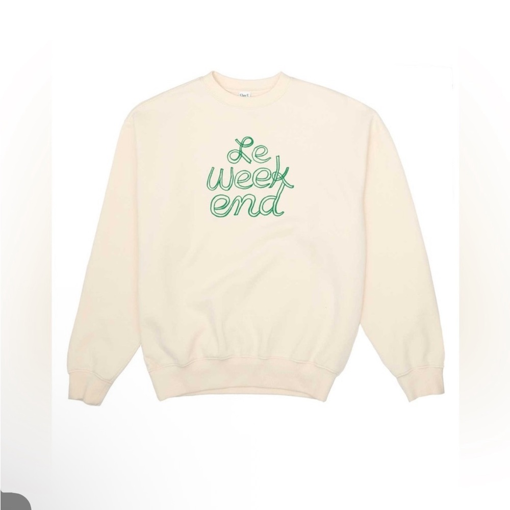 Clare V. Le Weekend Embroidered Comfy Sweatshirt Sweater Cream Off White Green - Picture 4 of 10
